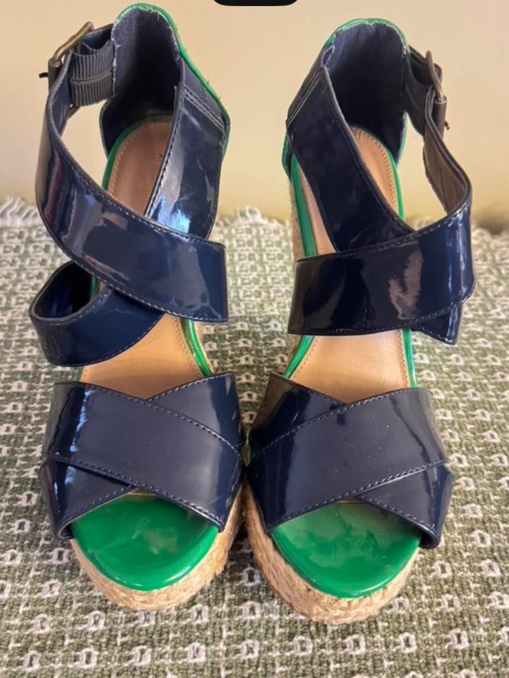 Target Navy Patent Crisscross Wedge Sandals with Green Insole
